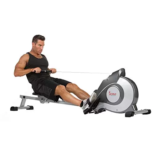 working out using Sunny Health & Fitness Magnetic Rowing Machine