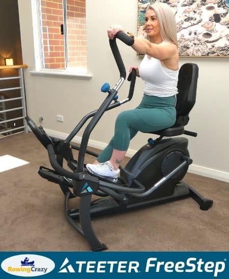 lady working out on a Teeter FreeStep Recumbent Cross Trainer