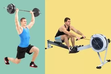 picture of strength training with weights and man rowing on a rower