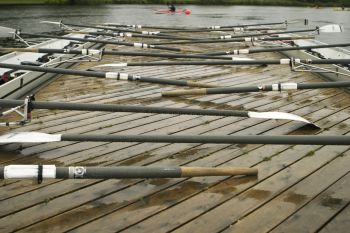 rowing oars on a wooden deck