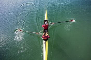 coxless pair rowing on the water