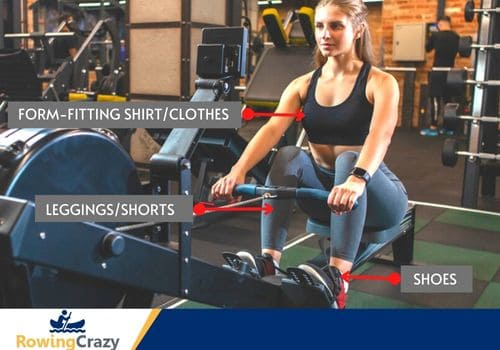 Lady on a rowing machine wearing proper indoor rowing clothing