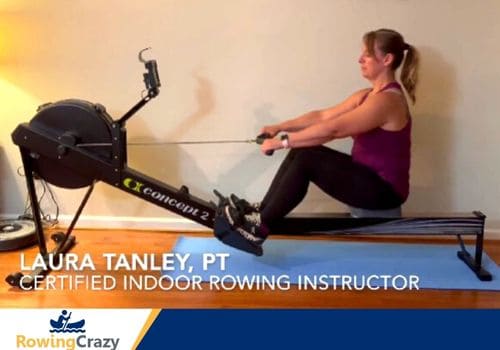 Laura Tanley on a Concept 2 erg showing correct rowing form for beginners