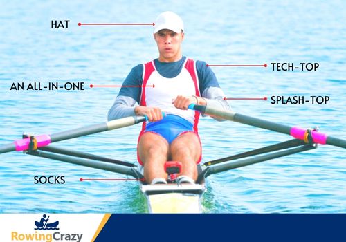 A sculler wearing proper outfit with his labels on what he's wearing