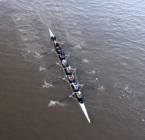 Aerial shot of an Eight boat with 8 sweep rowers