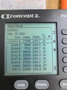 Monitor on Concept 2 rowing machine showing times