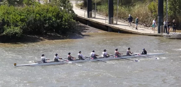 an 8 man sweep rowing shell with a coxswain