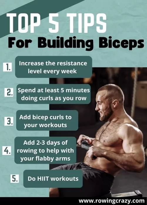 Infographics showing 5 Tips for building biceps from working out on a rowing machine