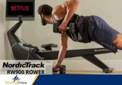 Netflix on a NordicTrack rw900 screen, while a man works out off the rower