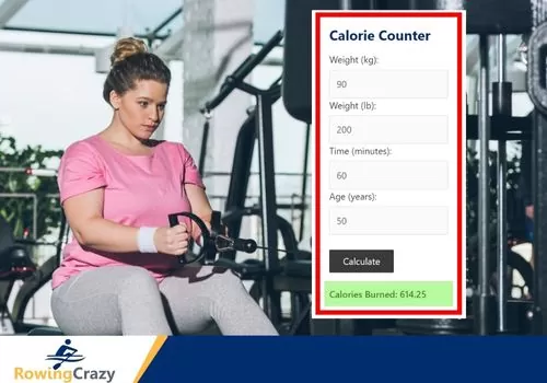 a woman working out and a calorie counter showing calculated calories burned on a rowing machine workout 
