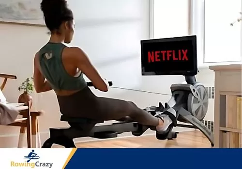 a woman watching Netflix while working out on a NordicTrack rower