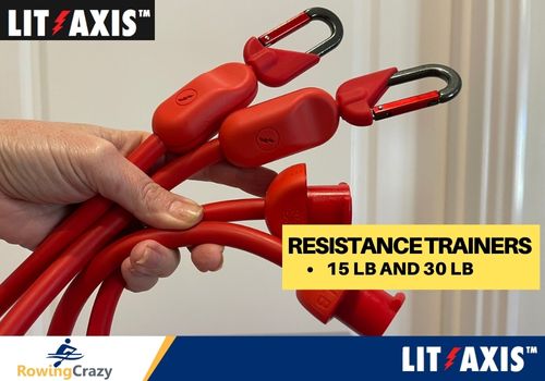 a hand holding two LIT Axis resistance trainers in red color - one with a 15-pound resistance and the other 30 pounds