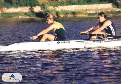Rachael Taylor and Kate Slatter training as a rowing pair in Varase, Italy 1999