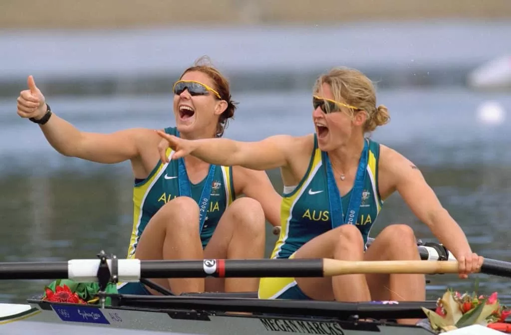 Rachael Taylor and Kate Slatter of Australia celebrate winning Silver in the Sydney Olympics 2000 Women's Coxless Pairs