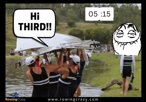 Hi THIRD!! meme - crew greets a rower coming late 