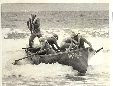 an old photo of men rowing a surf boat - Palm Beach Qld Surf Life Saving Club, 1960s