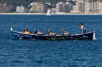 Rowing team on the ocean in Palamos, Costa Brava in Spain. 05. 20. 2018 Spain