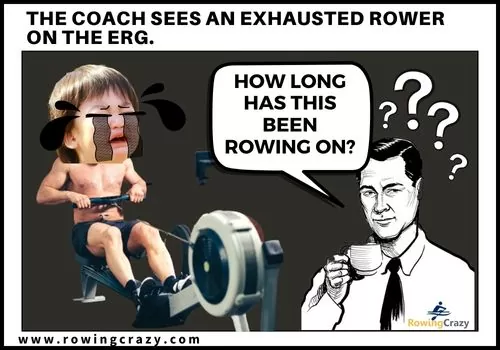 The coach sees an exhausted rower on the erg