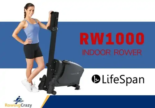 Woman standing next to LifeSpan RW100 Indoor Rower